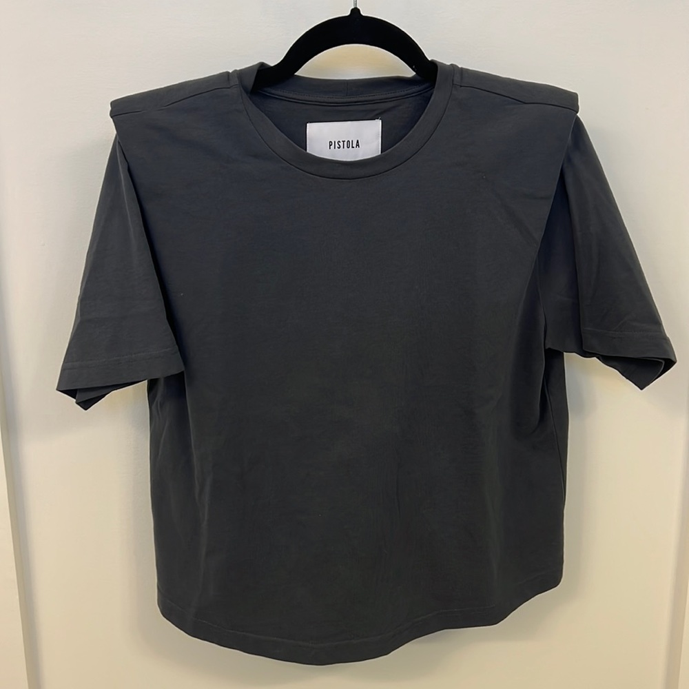 PISTOLA Brileigh Shoulder Pad Pleat Top in Dove Grey in XS. NWOT